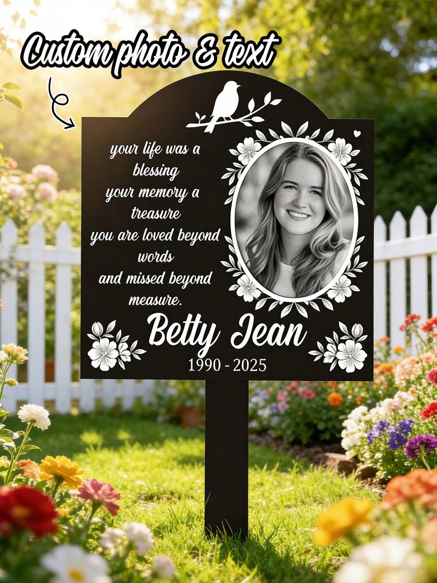 1pc Customized Photo & Text Floral Memorial Plaque, Personalized Remembrance Plaque With Poem & Floral Border, Grave Decoration Marker, Relative Memorial Plaque,Garden Decor - Multicolor - View 9