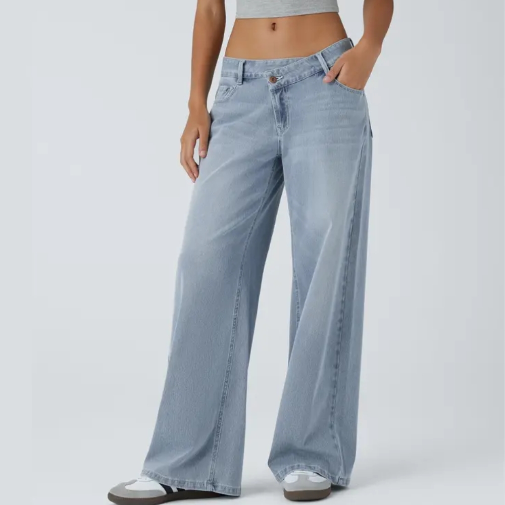 Asymmetric Low Rise Zipper Pockets Baggy Wide Leg Washed Casual Jeans
