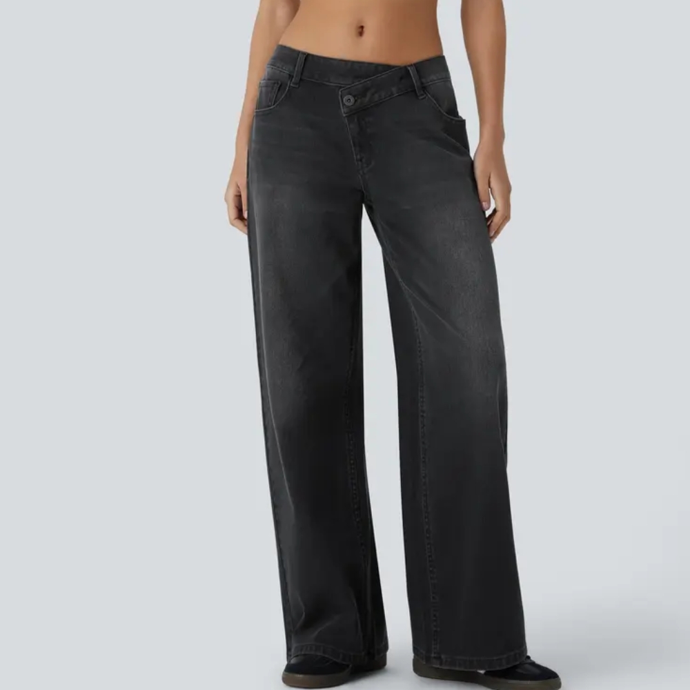 Asymmetric Low Rise Zipper Pockets Baggy Wide Leg Washed Casual Jeans