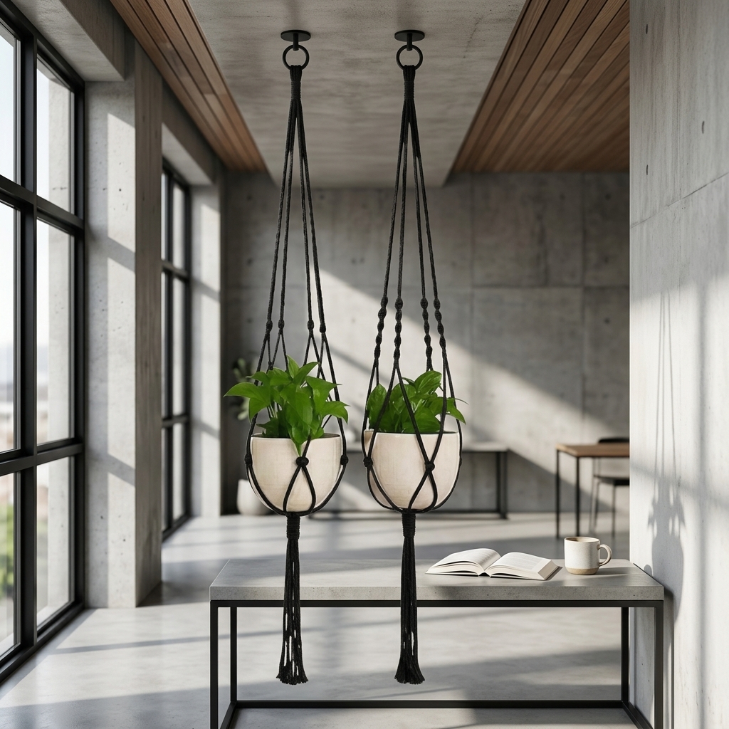 2 Piece Boho Style Plant Hanging Basket Set With Wooden Beads