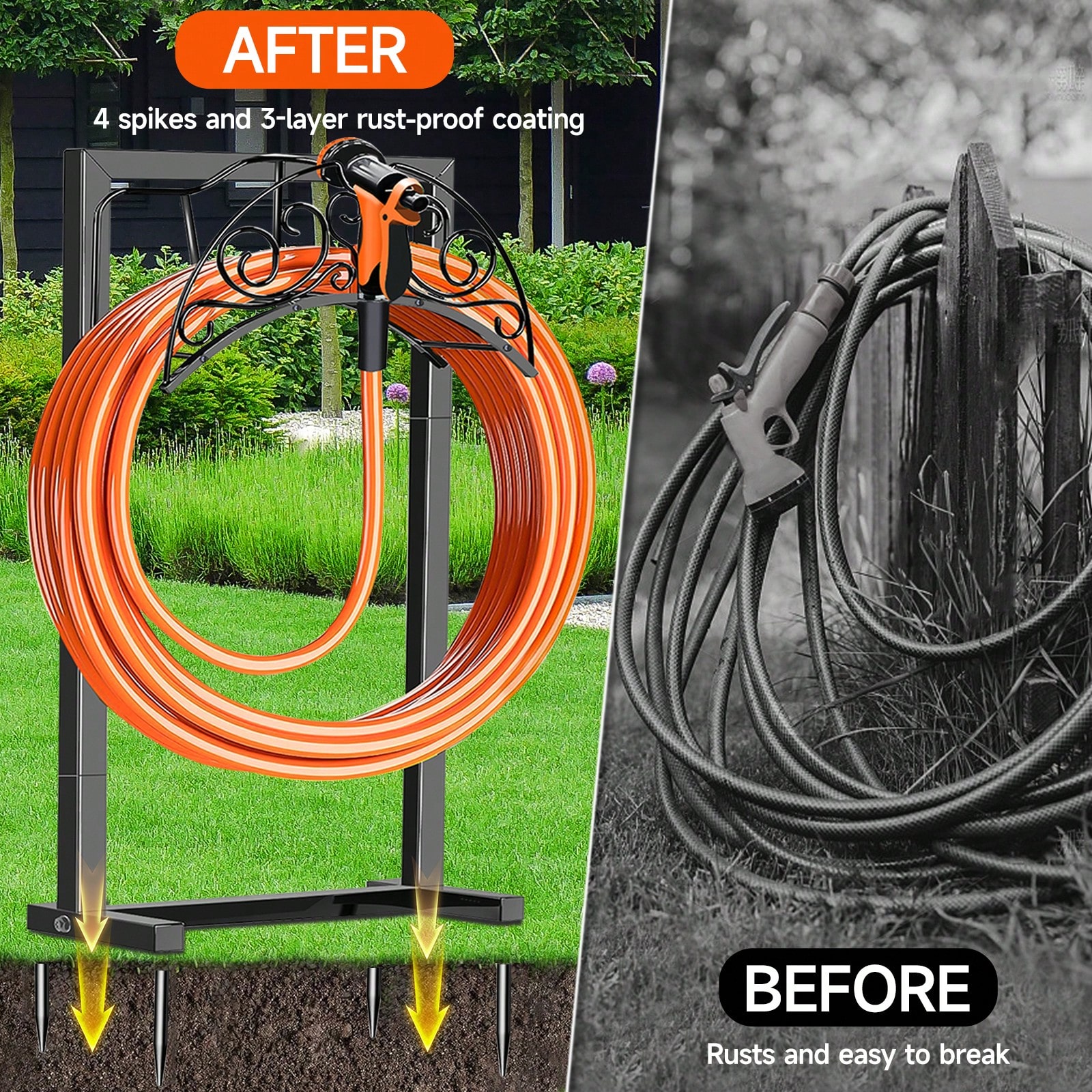 Garden Hose Holder With Stable Base And Tool Hooks