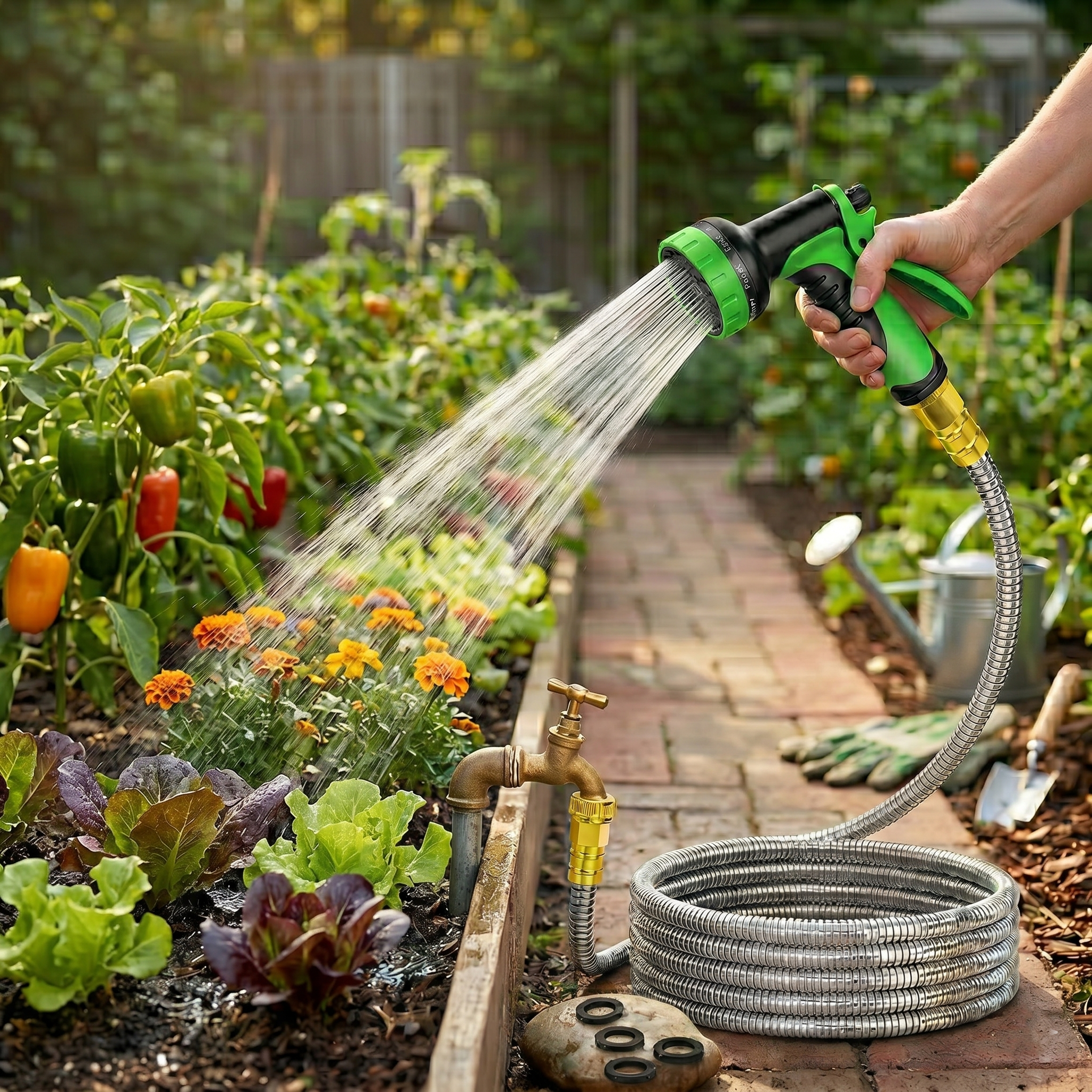 Lightweight Stainless Steel Garden Hose With Multifunction Nozzle And Sprayer 
