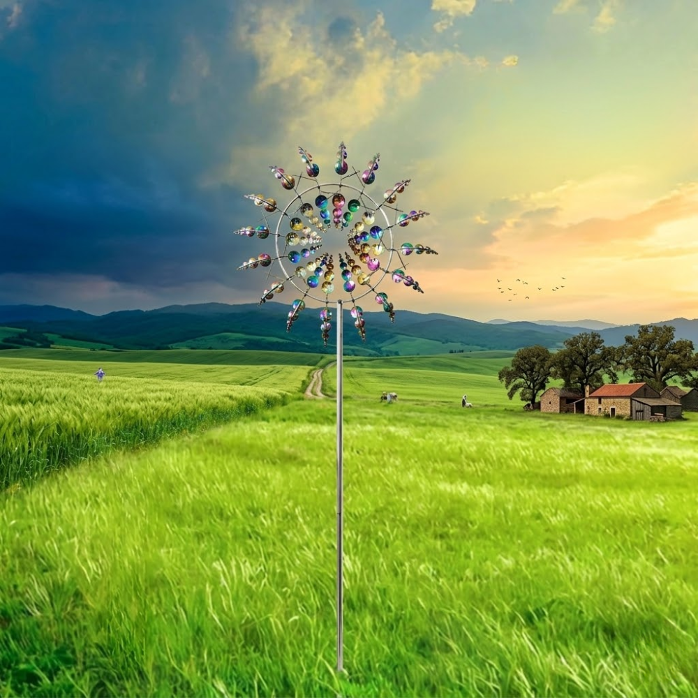3D Metal Windmill Outdoor Decor, Stainless Steel Multi-Color Yard Decoration