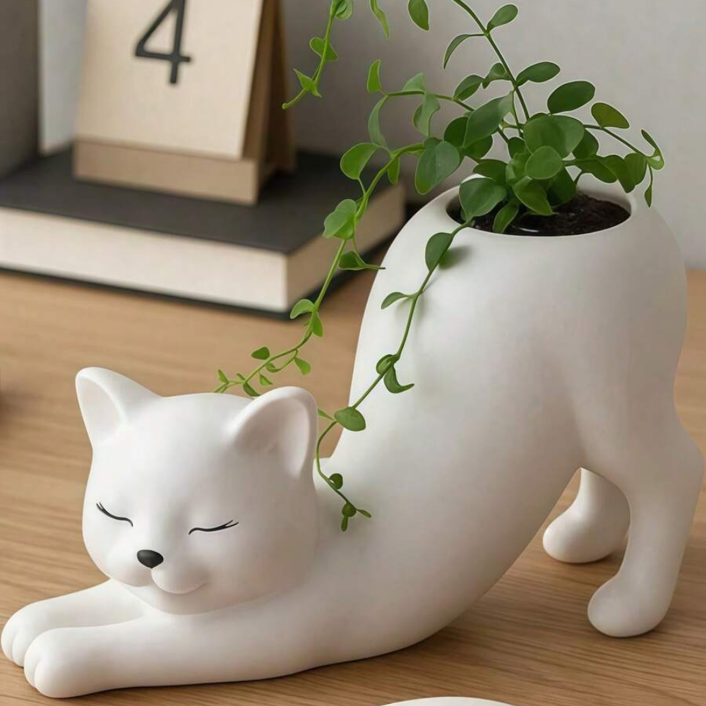Cat Stretching Ceramic Planter For Indoor And Home Decor Display