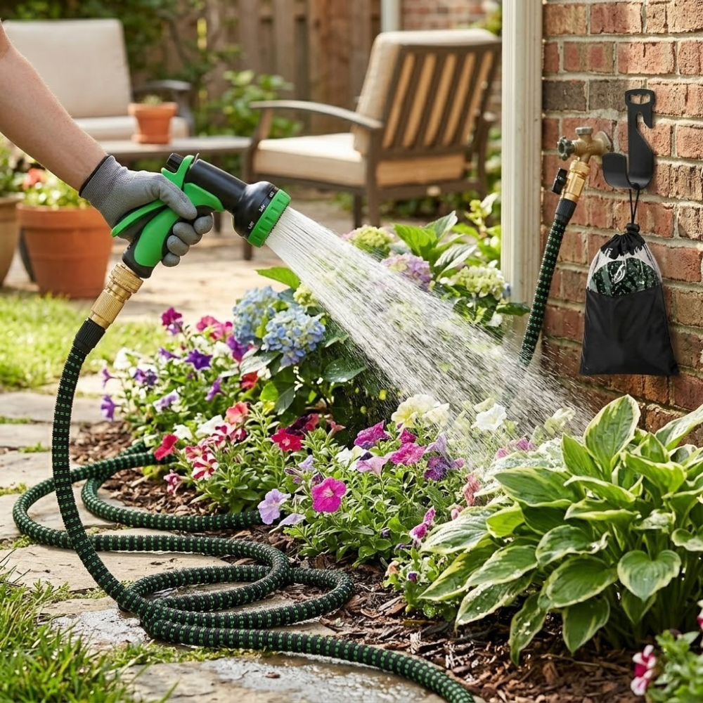 Flexible And Expandable Garden Water Hose With Spray Nozzle For Watering And Cleaning