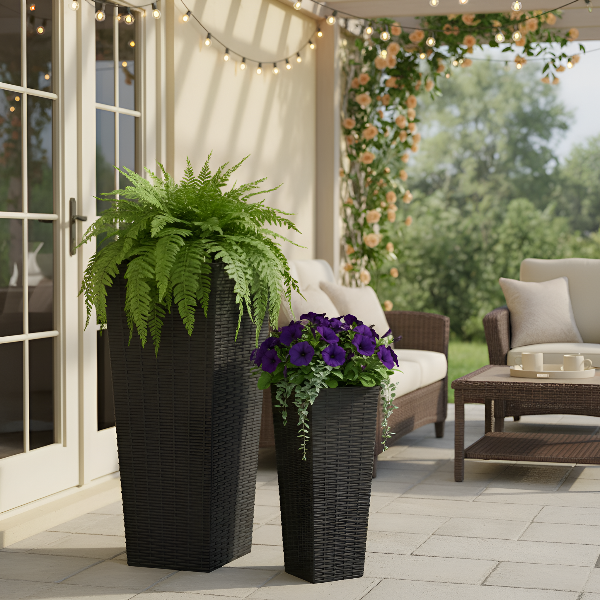 Set Of 2 Decorative Tall Outdoor Planter Pots For Backyard And Home Garden
