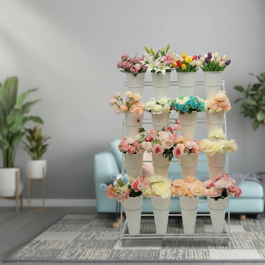 Flower Display Stand With 3 Tier Shelves For Balcony And Garden Decor