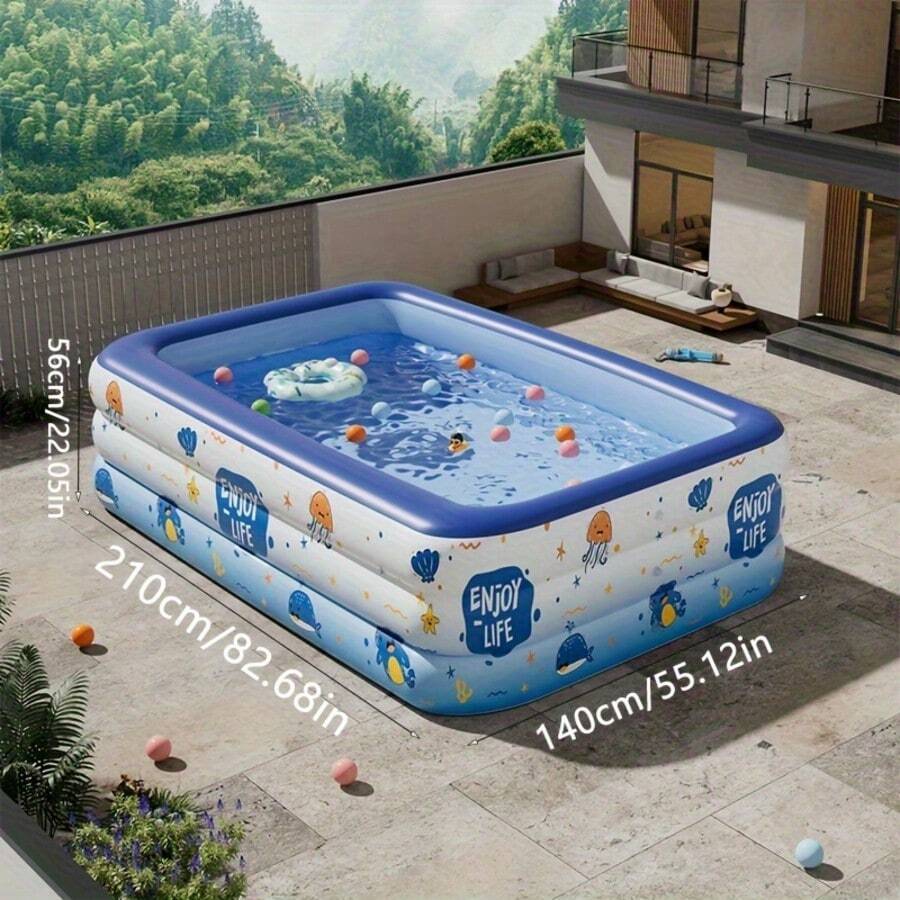 1pc Large Inflatable Swimming Pool, Ocean Design, Cute & Durable PVC Material, Foldable & Portable, Suitable For Family Garden Parties And Backyard Entertainment, 3-Layer Rectangular Pool With Multiple Accessories, Patio Decor Pool - Multicolor - View 11