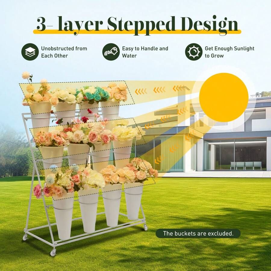 Rainaut Flower Display Stand, 3-Tier Heavy Duty Moving Plant Shelves Flower Display Stand, Allowing For The Placement Of Up To 12 Flower Buckets For Bedroom Balcony Garden Patio Multiple Plants (Flower Bucket Not Included).) - White - View 1