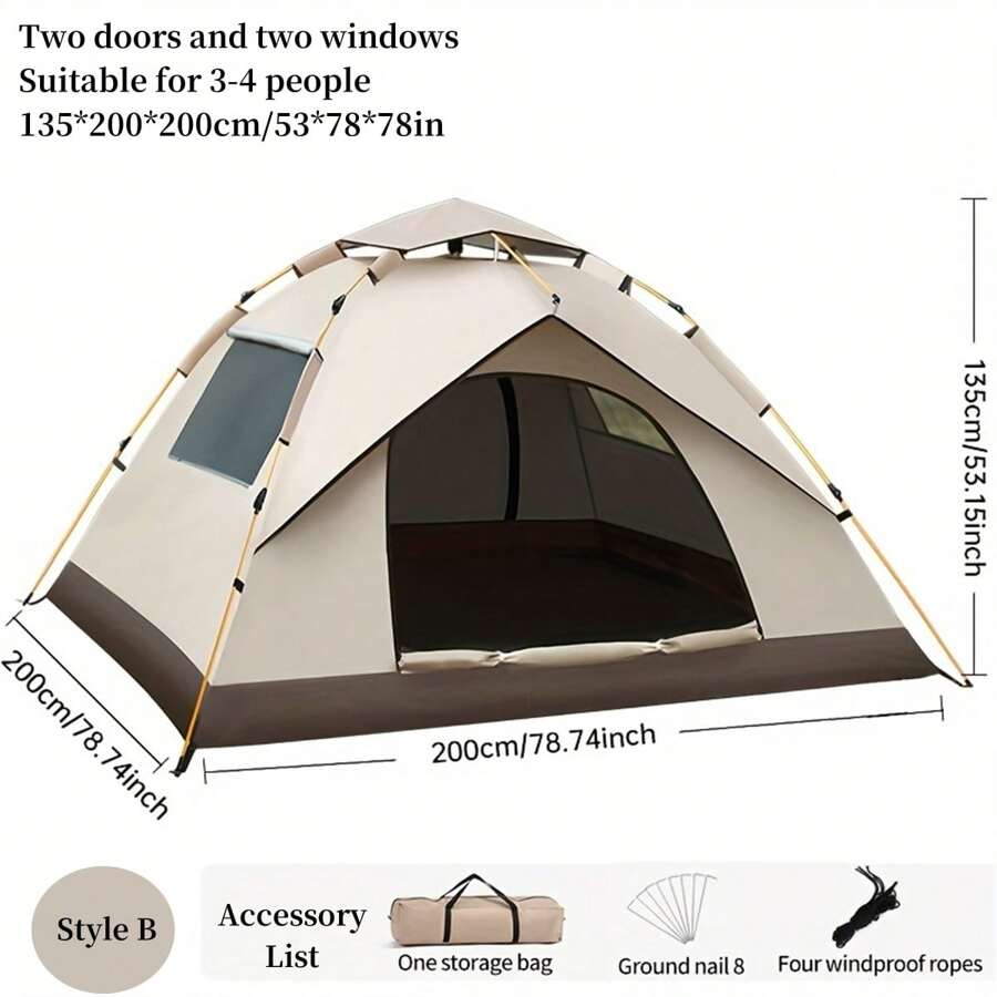 [Automatic Pop-Up Tent] 2-4 Multi Person Outdoor Tent Automatic Pop-Up Tent - Square, Waterproof, Oxford Cloth, Glass Fiber Frame - Portable For Camping, Fishing, Hiking, Mountaineering, Hunting - Beige - View 9