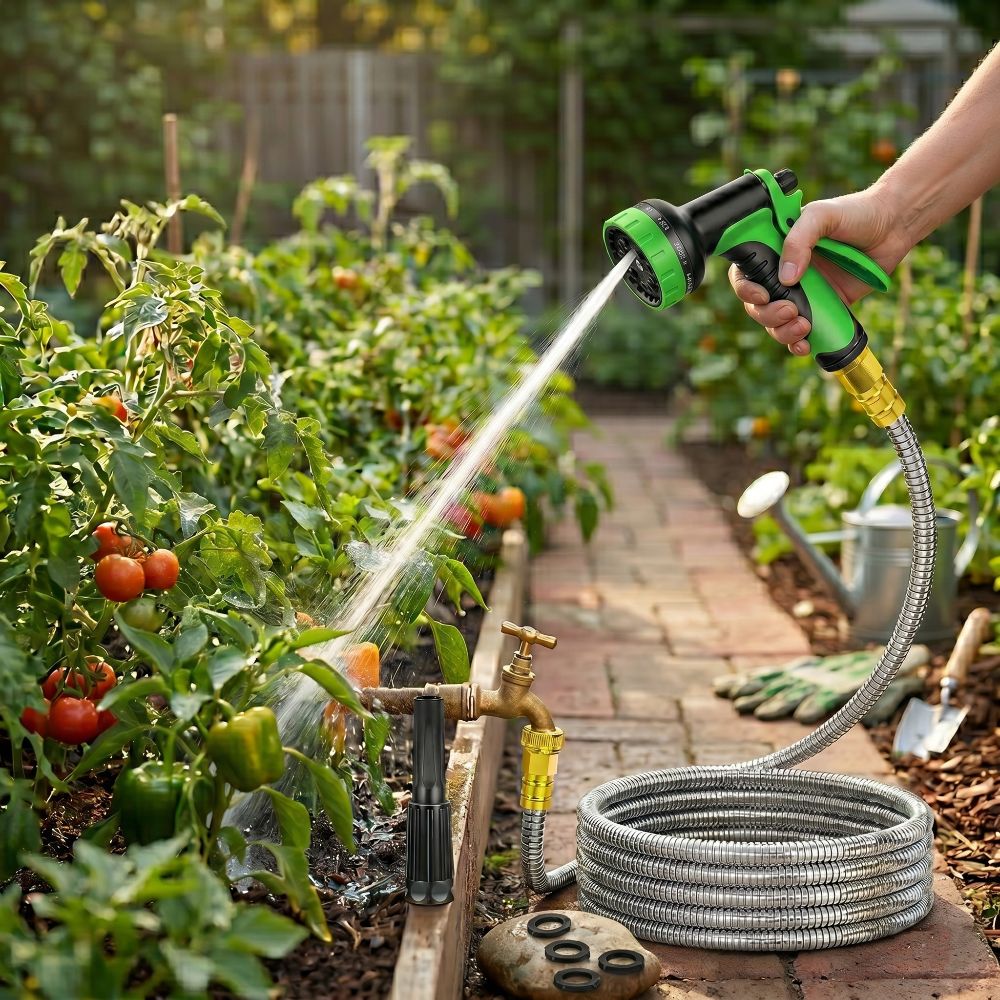 Lightweight Stainless Steel Garden Hose With Multifunction Nozzle And Sprayer 