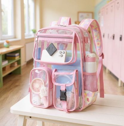 Clear Backpack for School,Heavy Duty PVC Transparent Bookbag for Girls Stadium Approved See Through Backpack