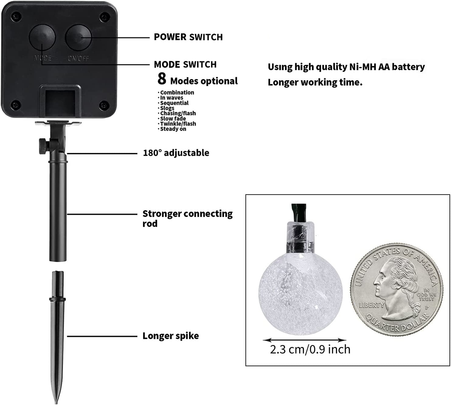 Solar String Lights Outdoor 60 Led 35.6 Feet Crystal Globe Lights with 8 Lighting Modes,-Sparklie Lights