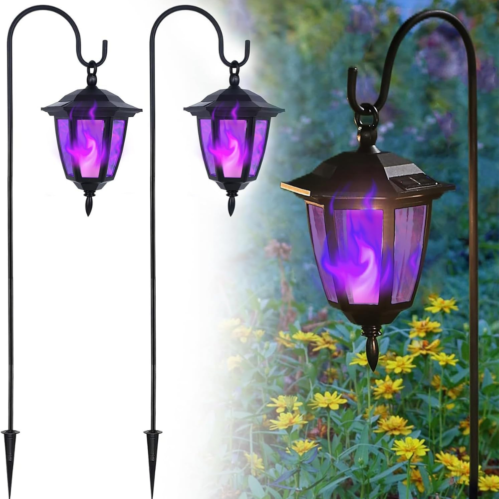Solar Flame Hanging Lights With Shepherd Hooks For Outdoor Decor