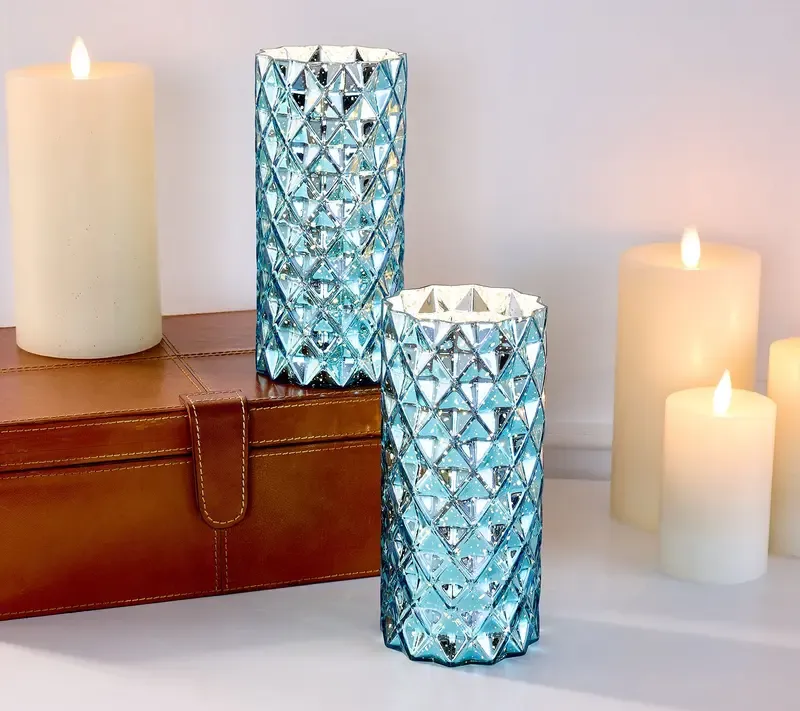 Set of 2 Diamond Glass Illuminated Hurricanes