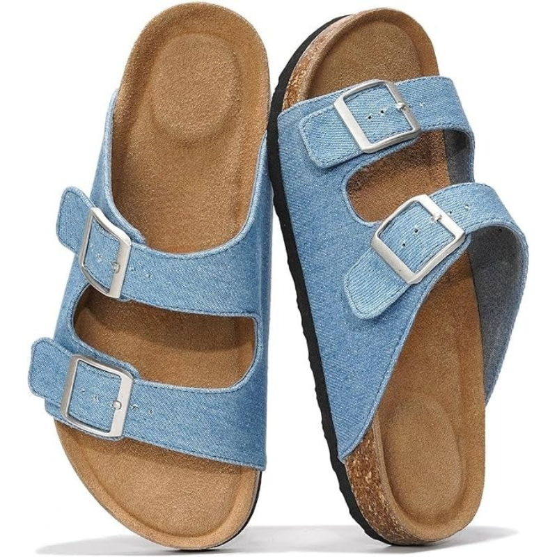 Leather Buckle Slides With Cork Footbed And Adjustable Straps