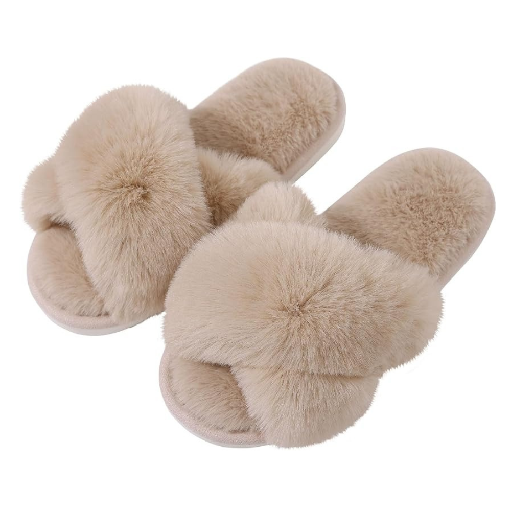 Fuzzy Cross Band Memory Foam Slippers For Indoor Use