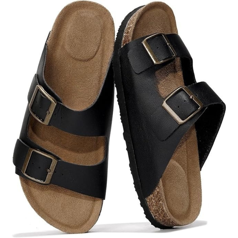 Leather Flat Sandals with Adjustable Buckle And Cushioned Sole