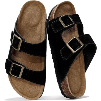 Leather Flat Sandals with Adjustable Buckle And Cushioned Sole