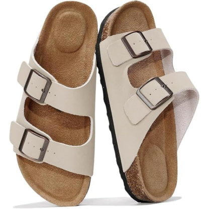 Leather Flat Sandals with Adjustable Buckle And Cushioned Sole