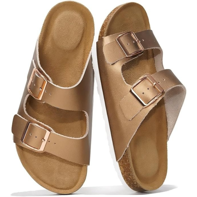 Leather Flat Sandals with Adjustable Buckle And Cushioned Sole