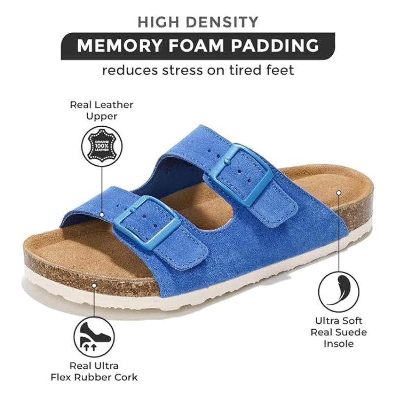 Leather Flat Sandals With Buckle Straps And Textured Outsole