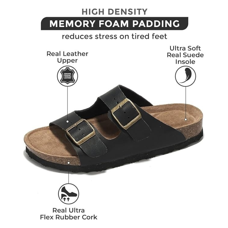 Leather Flat Sandals with Adjustable Buckle And Cushioned Sole