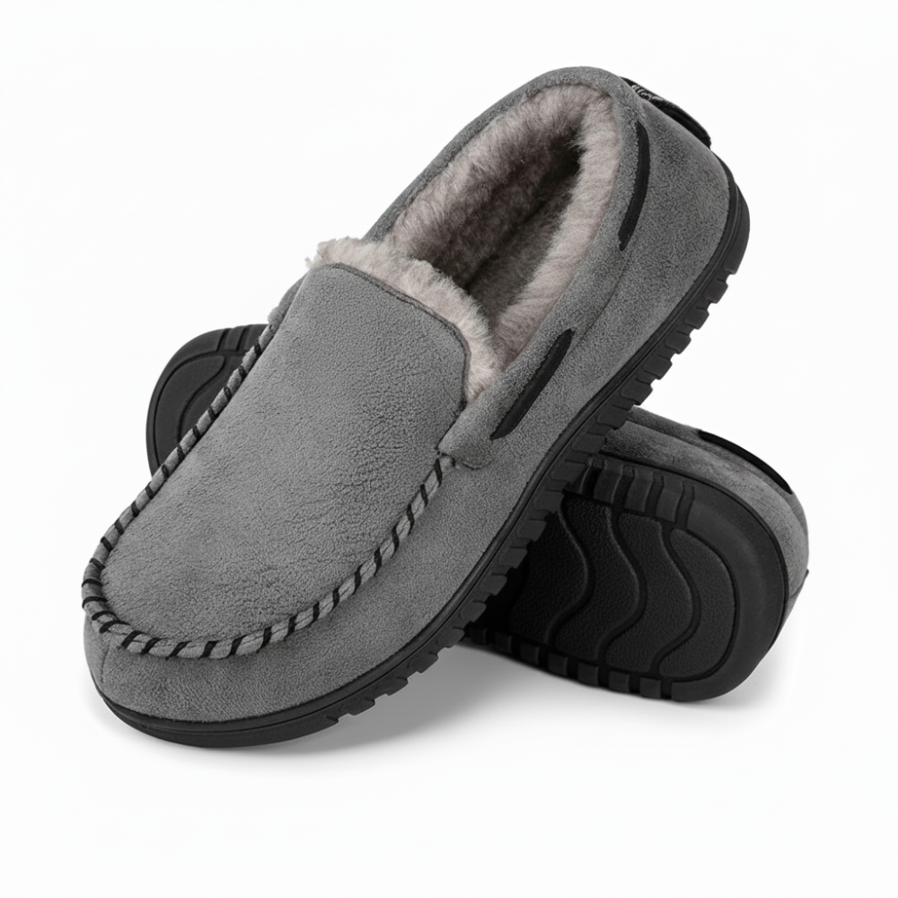 Mens Faux Suede Moccasin Slippers with Warm Lining and Memory Foam