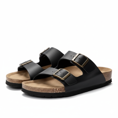 Leather Flat Sandals with Adjustable Buckle And Cushioned Sole