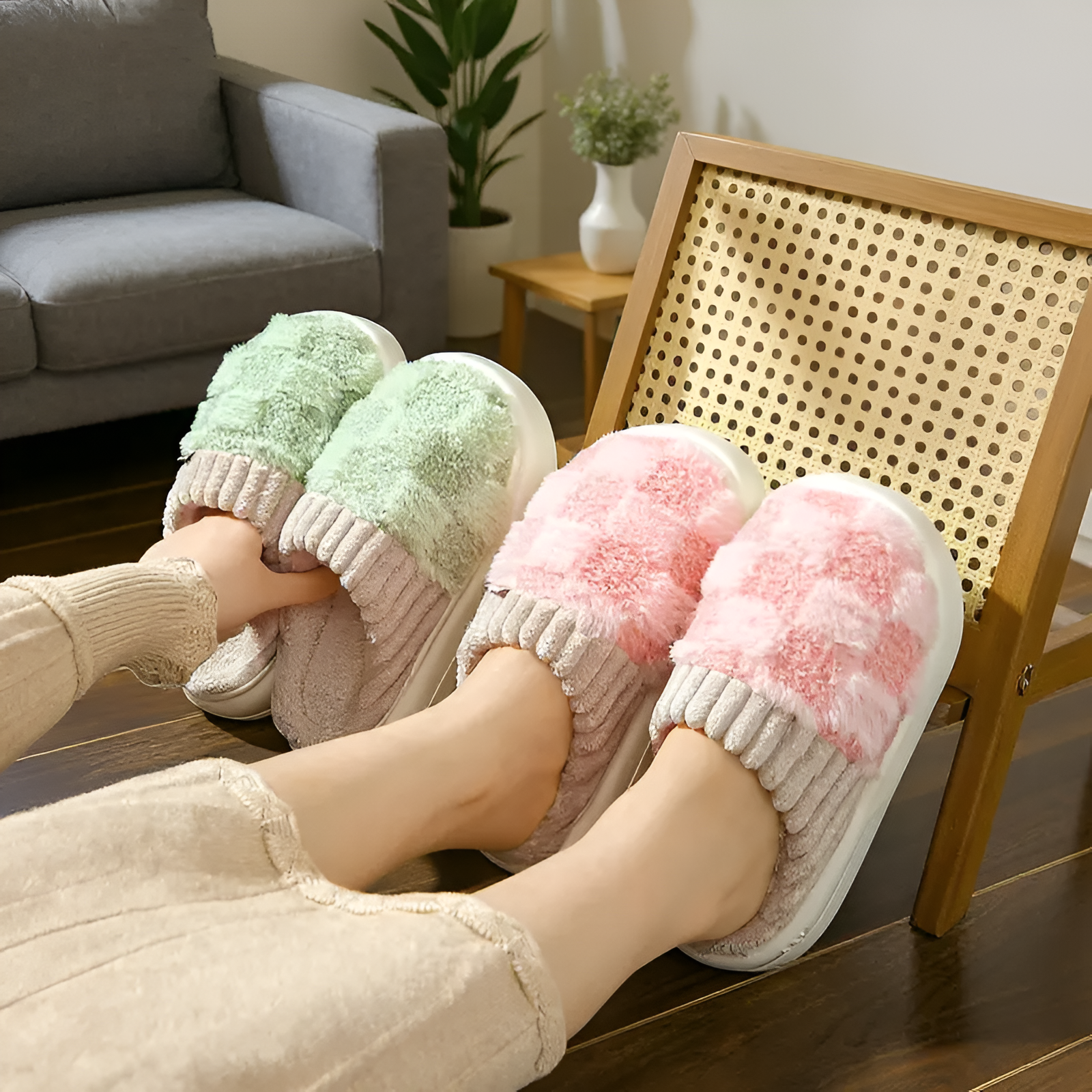 Plush Checkered Slip On Slippers