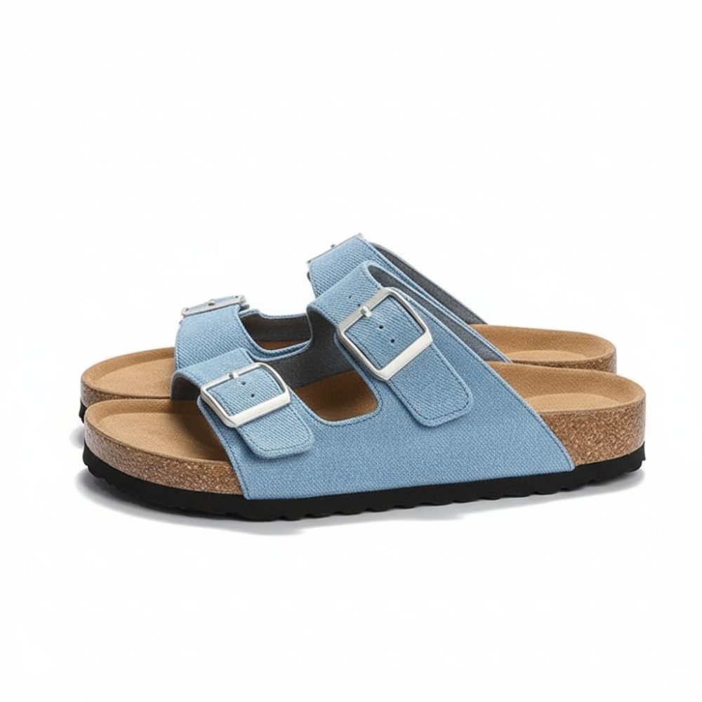 Leather Buckle Slides With Cork Footbed And Adjustable Straps