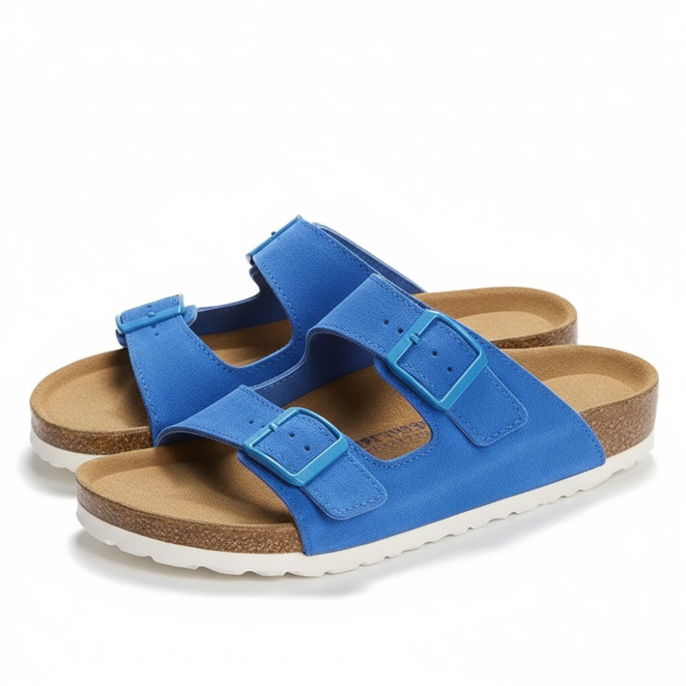 Leather Flat Sandals With Buckle Straps And Textured Outsole