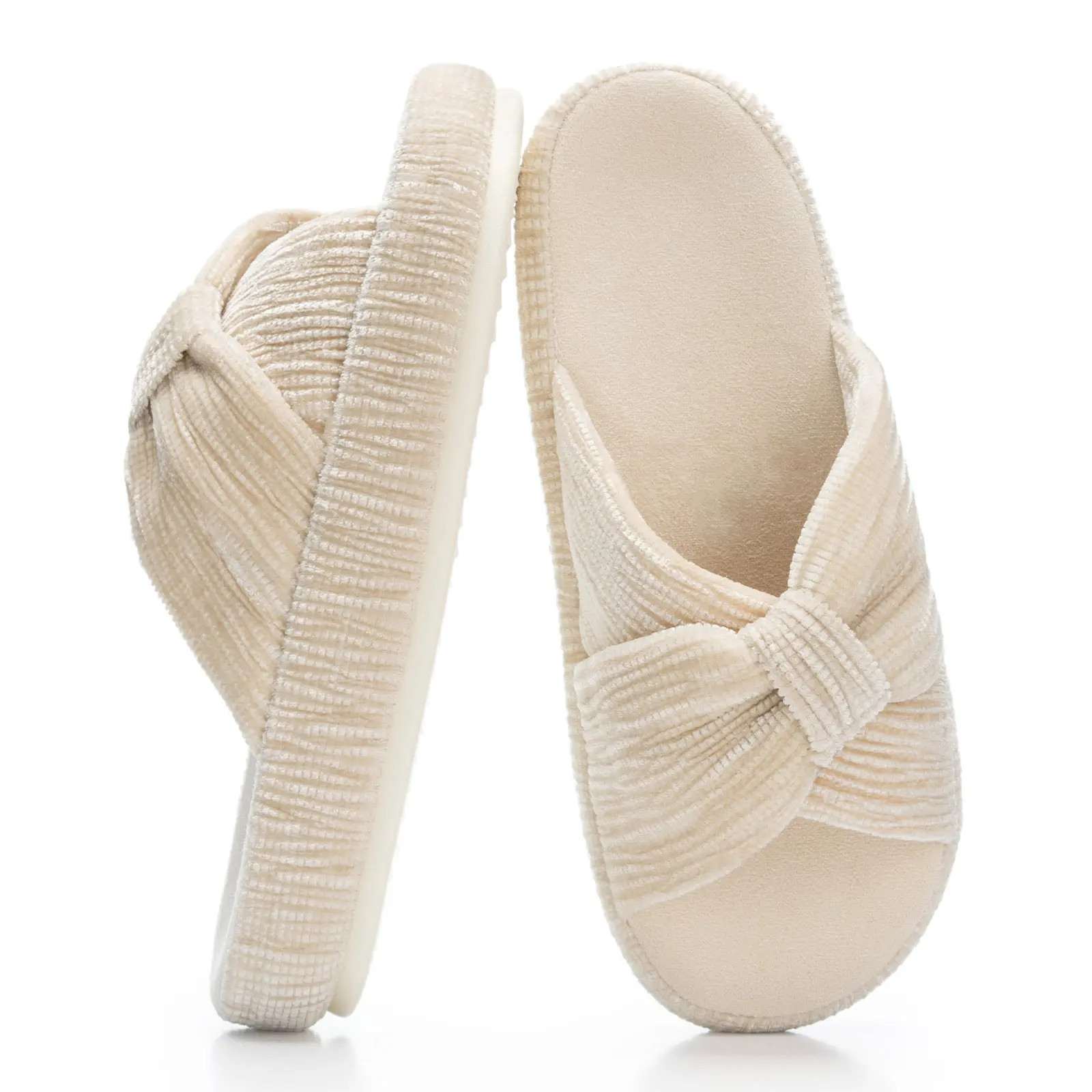 Memory Foam Corduroy Bow House Slippers For Women