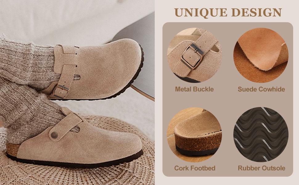 KIDMI Genuine Suede Clogs for Women Men Soft Cork Footbed Leather Mules Comfort Potato Shoes with Arch Support Outdoor Nonslip Walking Shoes