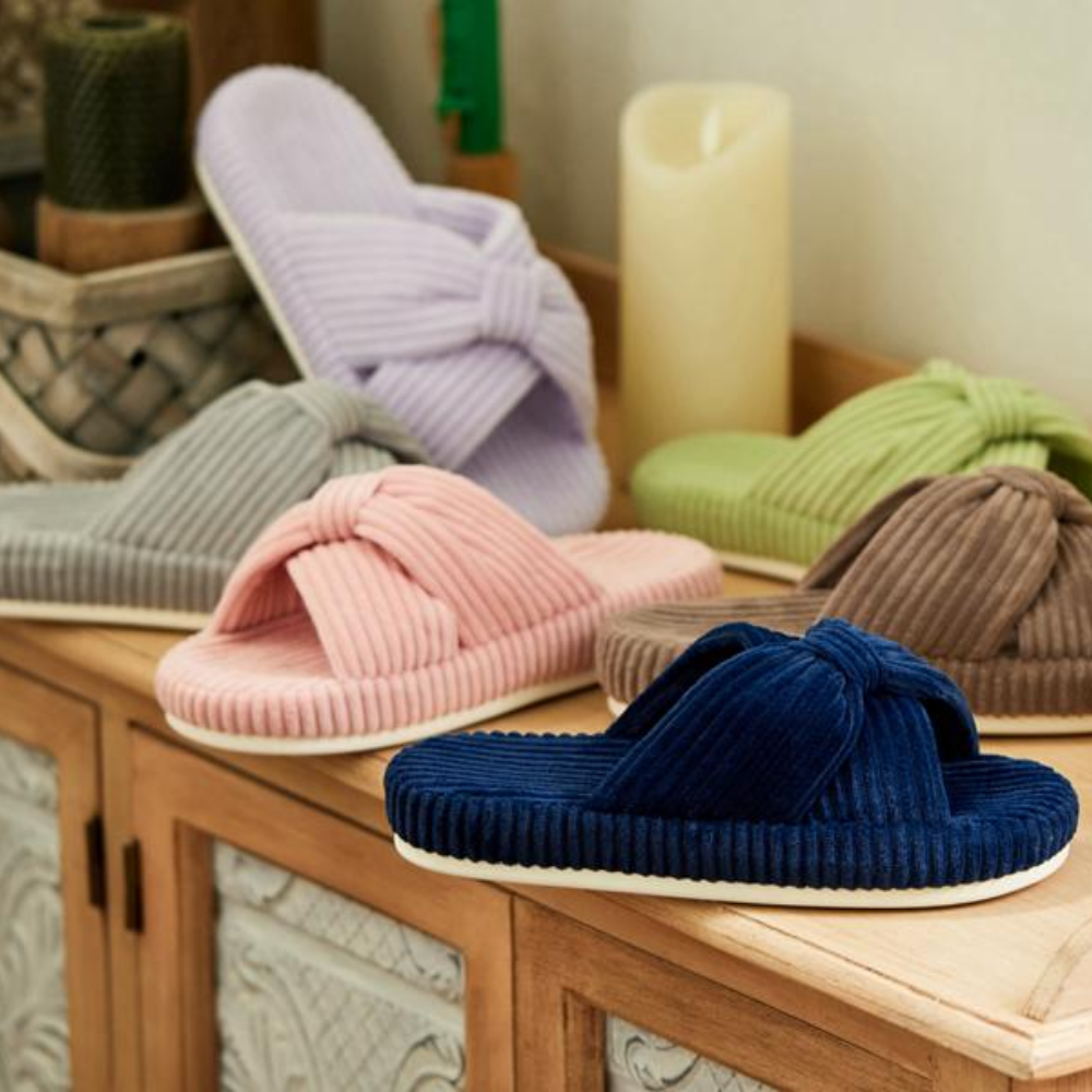 Memory Foam Corduroy Bow House Slippers For Women