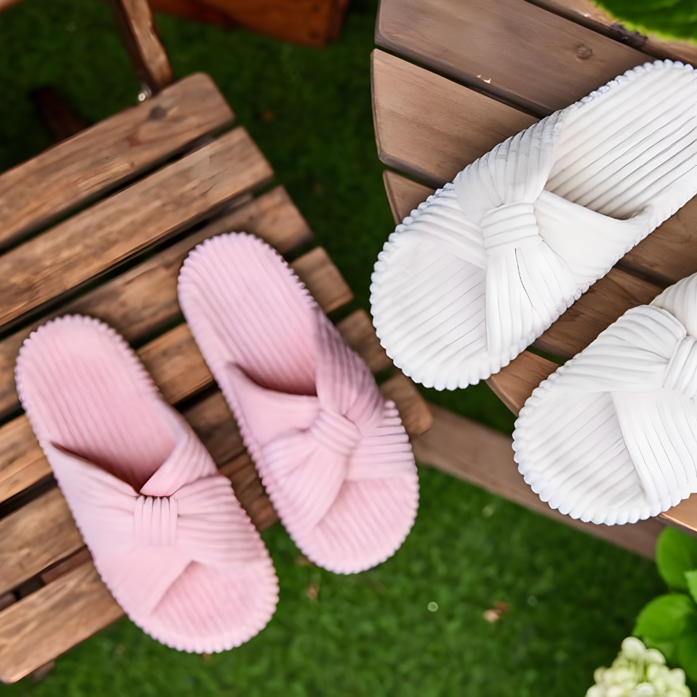 Memory Foam Corduroy Bow House Slippers For Women