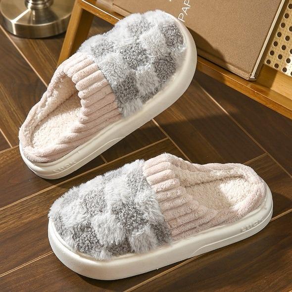 Non Slip Warm Fuzzy Fleece Plaid Design Slippers