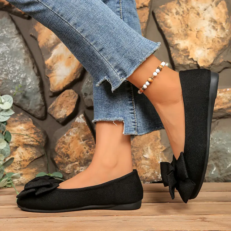 Bow Detail Slip On Flats with Lightweight Non Slip Sole for Women