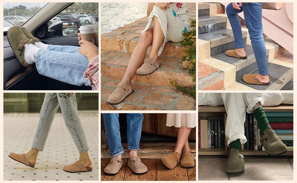 KIDMI Genuine Suede Clogs for Women Men Soft Cork Footbed Leather Mules Comfort Potato Shoes with Arch Support Outdoor Nonslip Walking Shoes