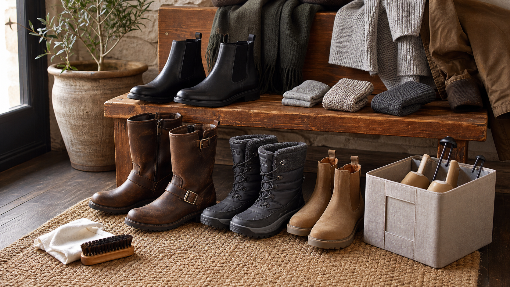 Chelsea, motorcycle, snow and slip-on boots with socks, a brush, cloth and boot shapers in an entryway