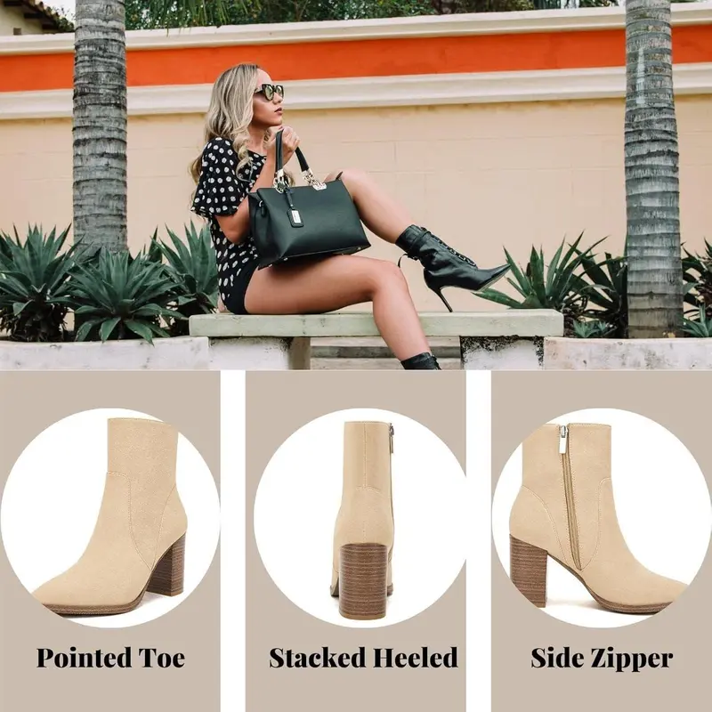 Coutgo Women's Pointed Toe Ankle Boots Chunky Stacked Heel Side Zipper Faux Leather Ankle Booties 2