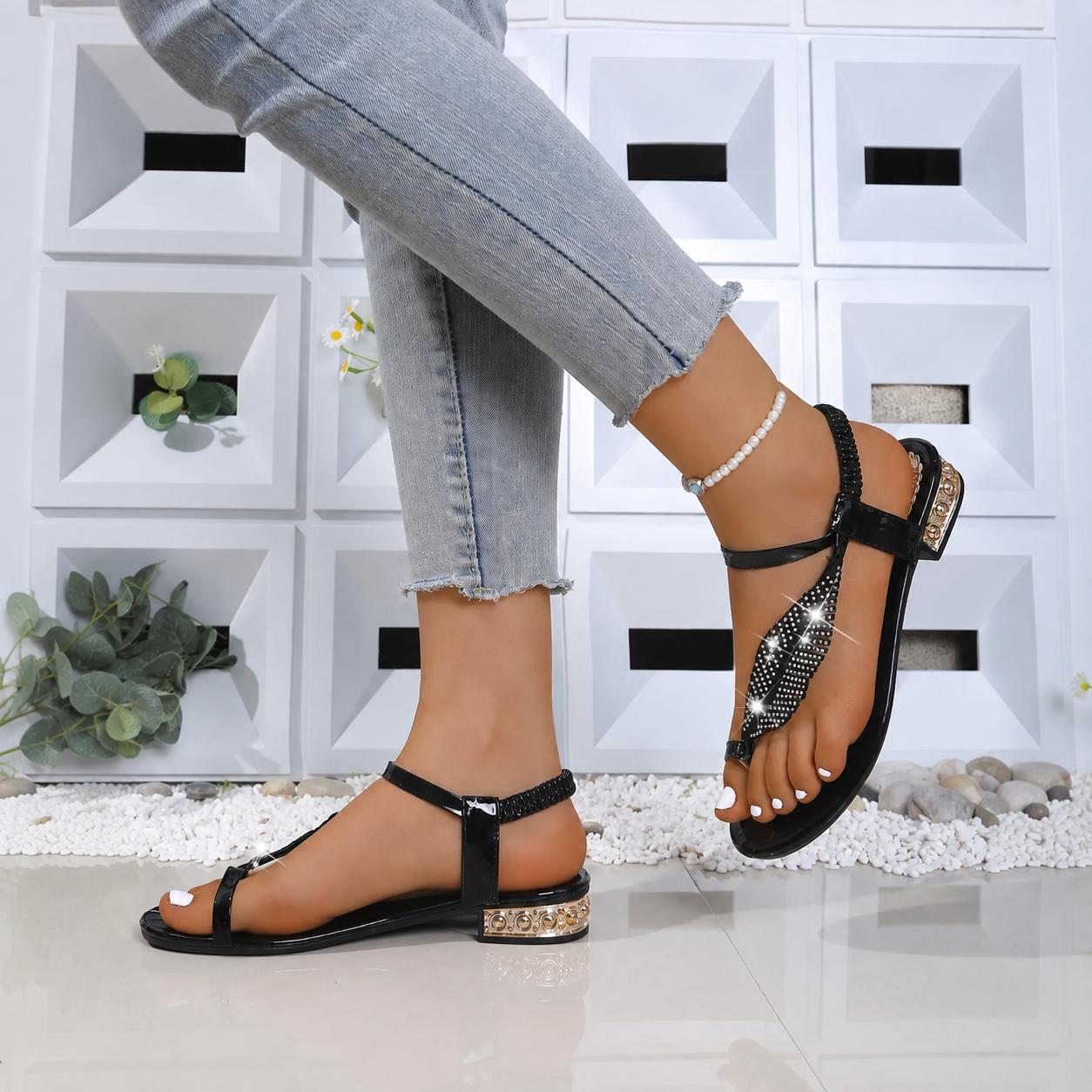 Leaf Detail Strappy Sandals with Decorative Accents for Women