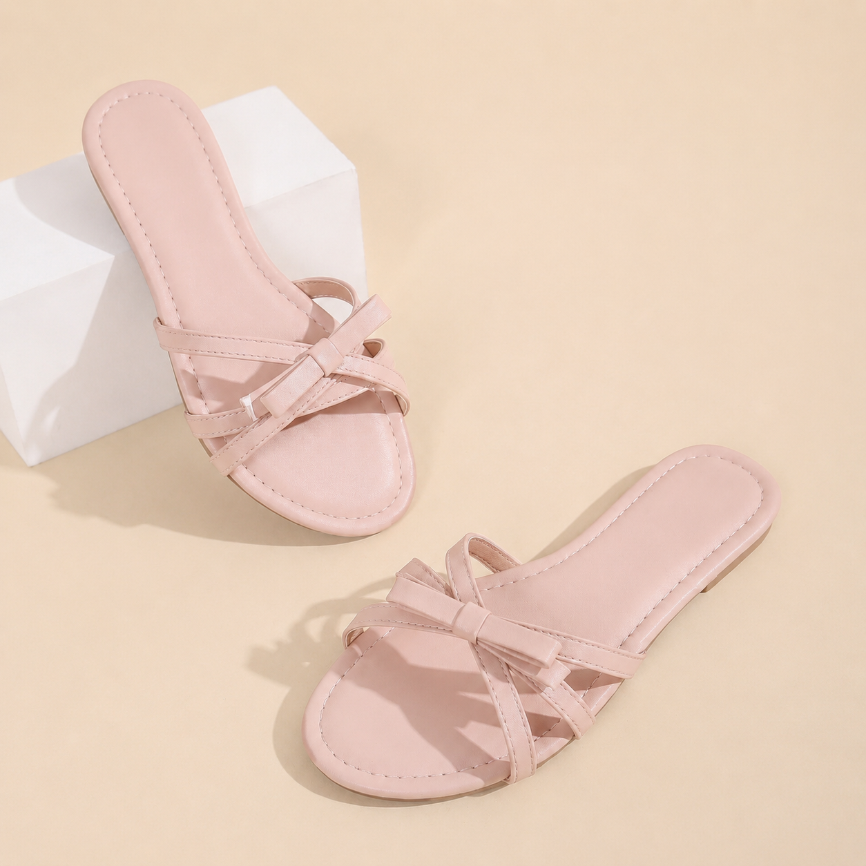 Elegant Bow Square Flat Slip On Sandals For Women Summer Wear