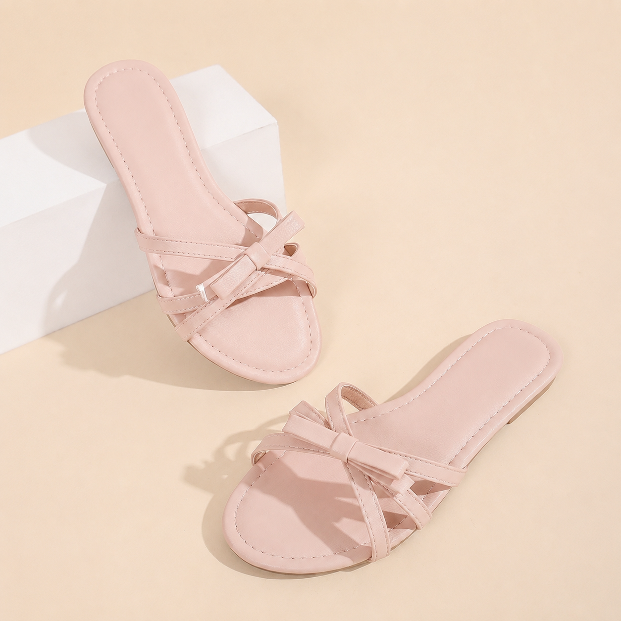 Elegant Bow Square Flat Slip On Sandals For Women Summer Wear