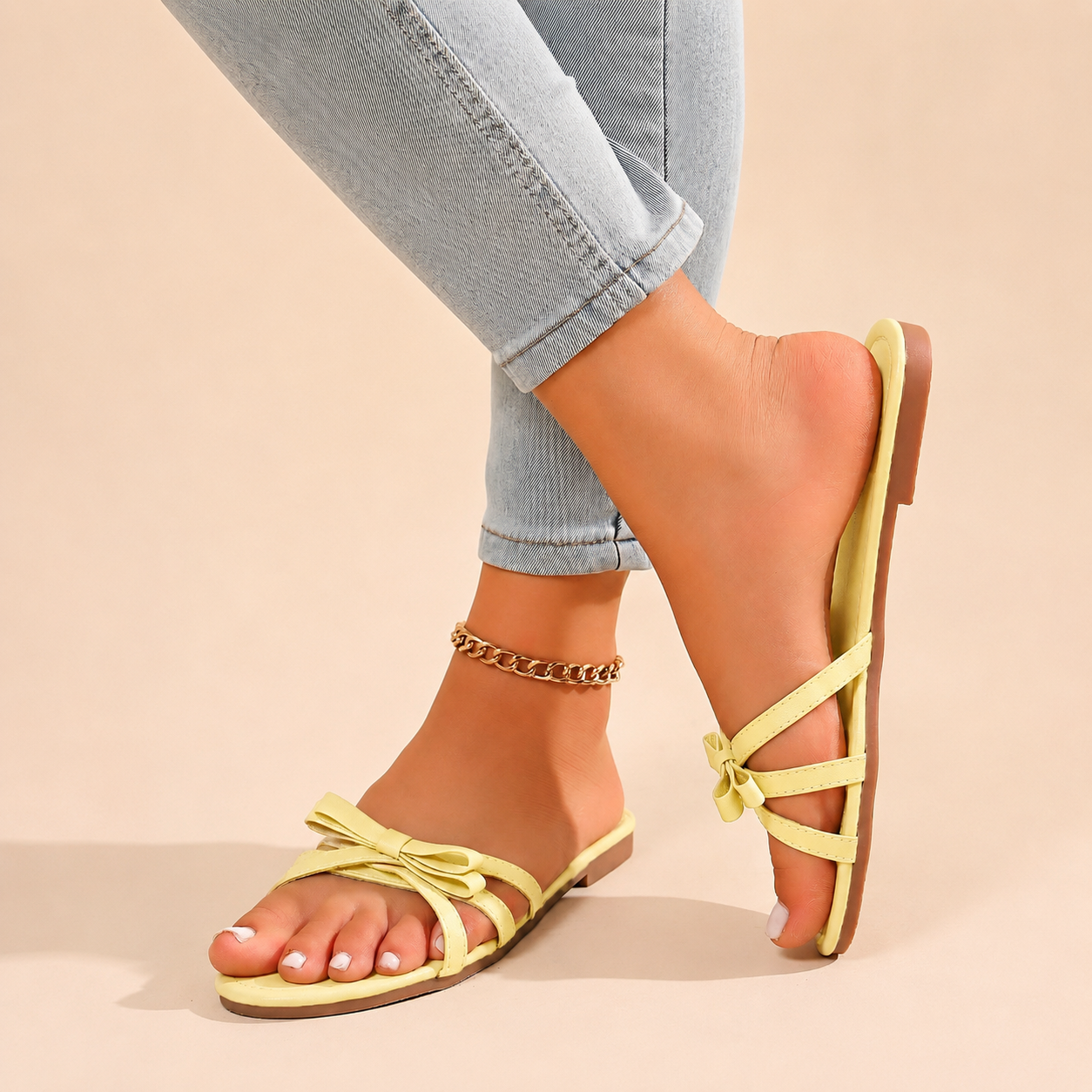 Elegant Bow Square Flat Slip On Sandals For Women Summer Wear