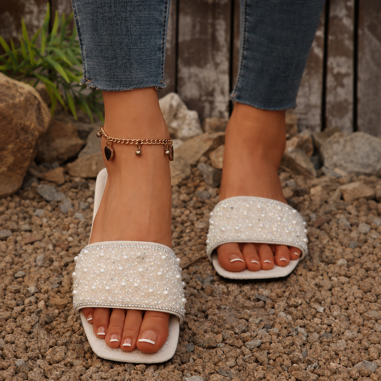 Classic Slip On Flat Sandals With Sparkling Detail For Women