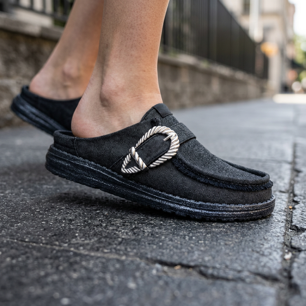 Wendy Slip Buckle Denim Mule Shoe