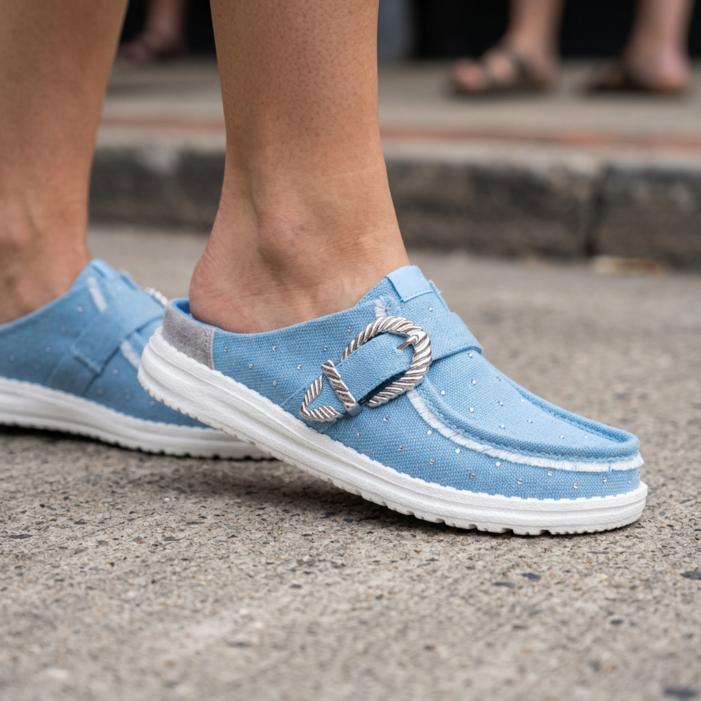 Wendy Slip Buckle Denim Mule Shoe