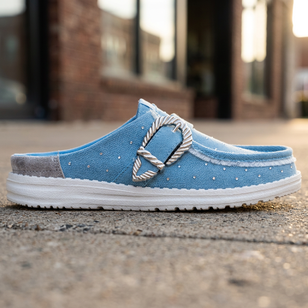 Wendy Slip Buckle Denim Mule Shoe