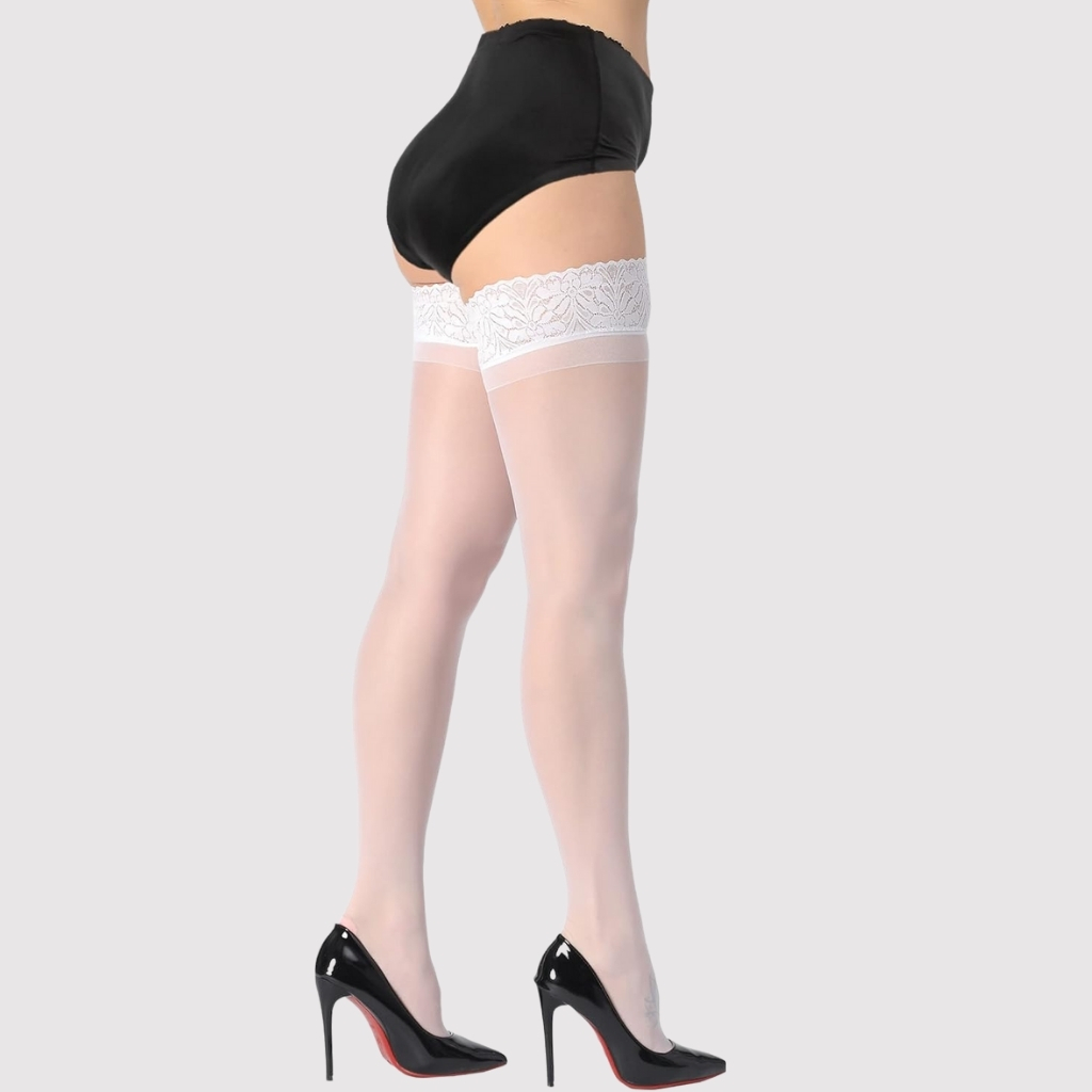  High Stockings Silicone Lace Top Stay Up Silky Semi Sheer Pantyhose 